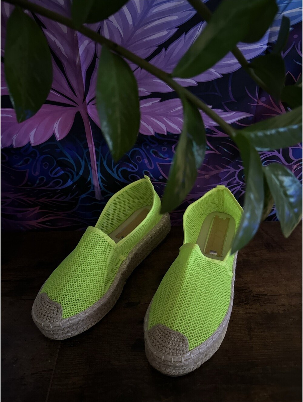 Neon Yellow Espadrille Slip-On Flats | Tropical Summer Shoes | Women’s Size _8